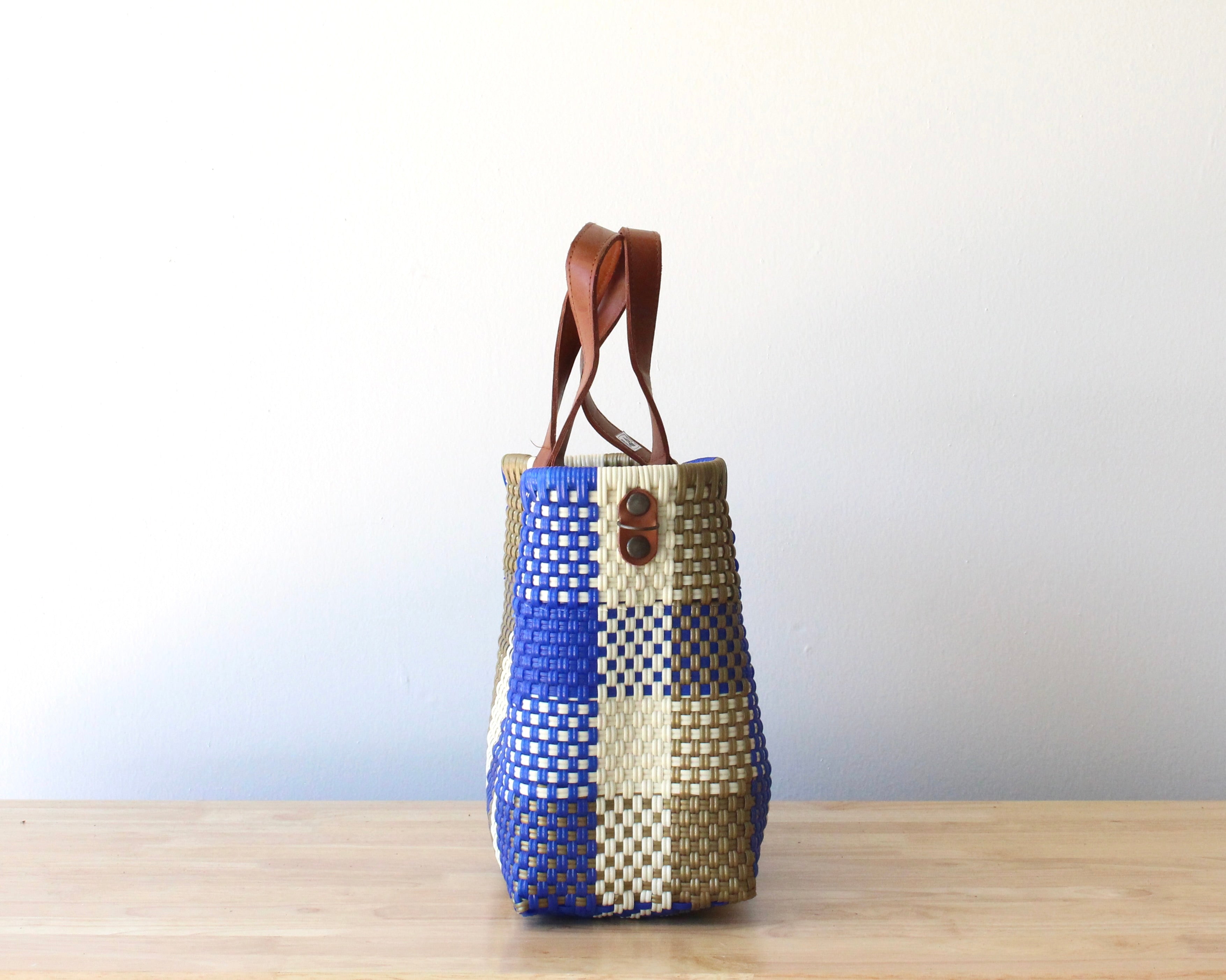 MexiMexi Royal Blue Checkered Bag – Handmade Tote with Leather Handles