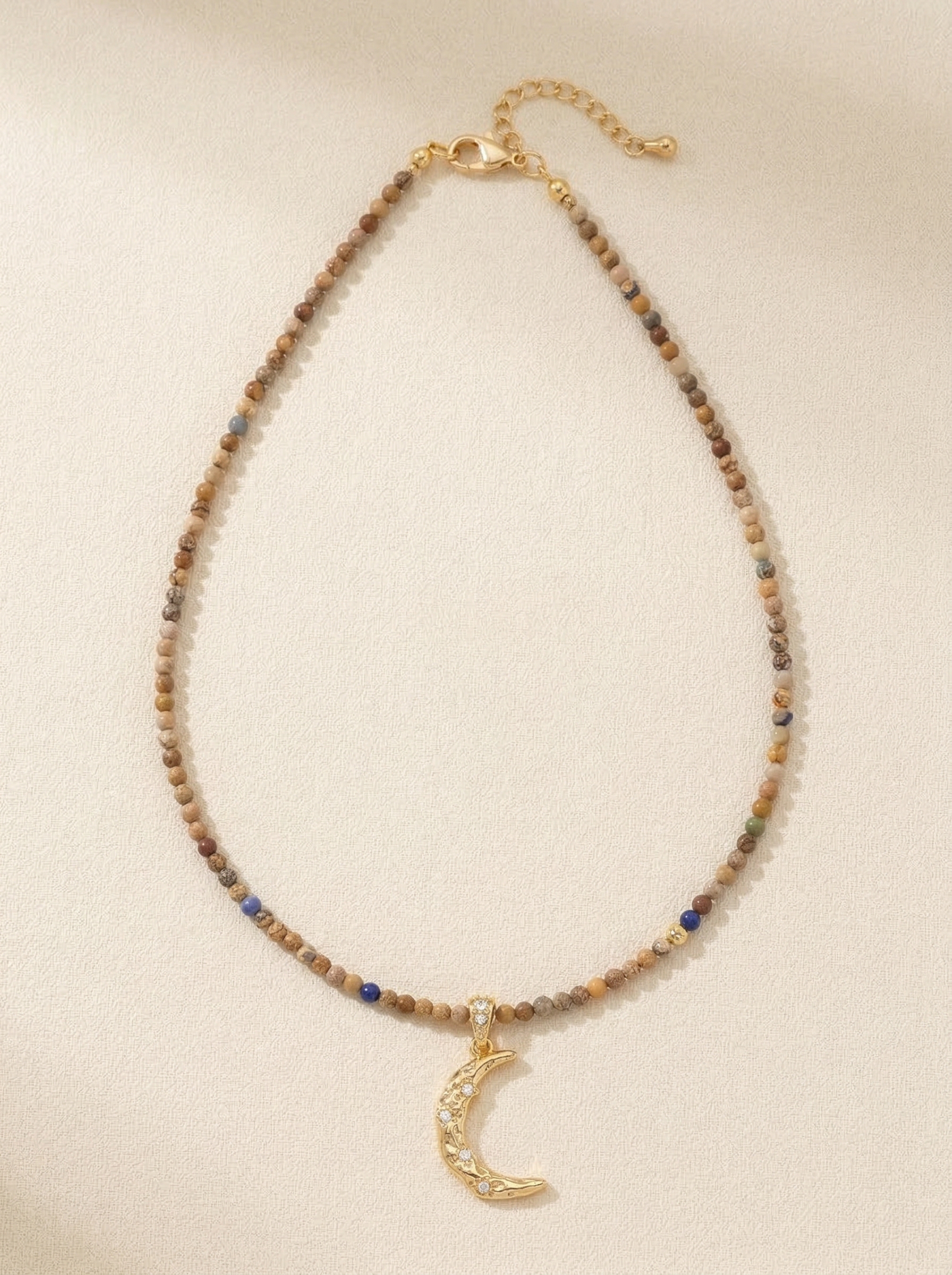 Natural Stone Beaded Necklace with Moon Pendant