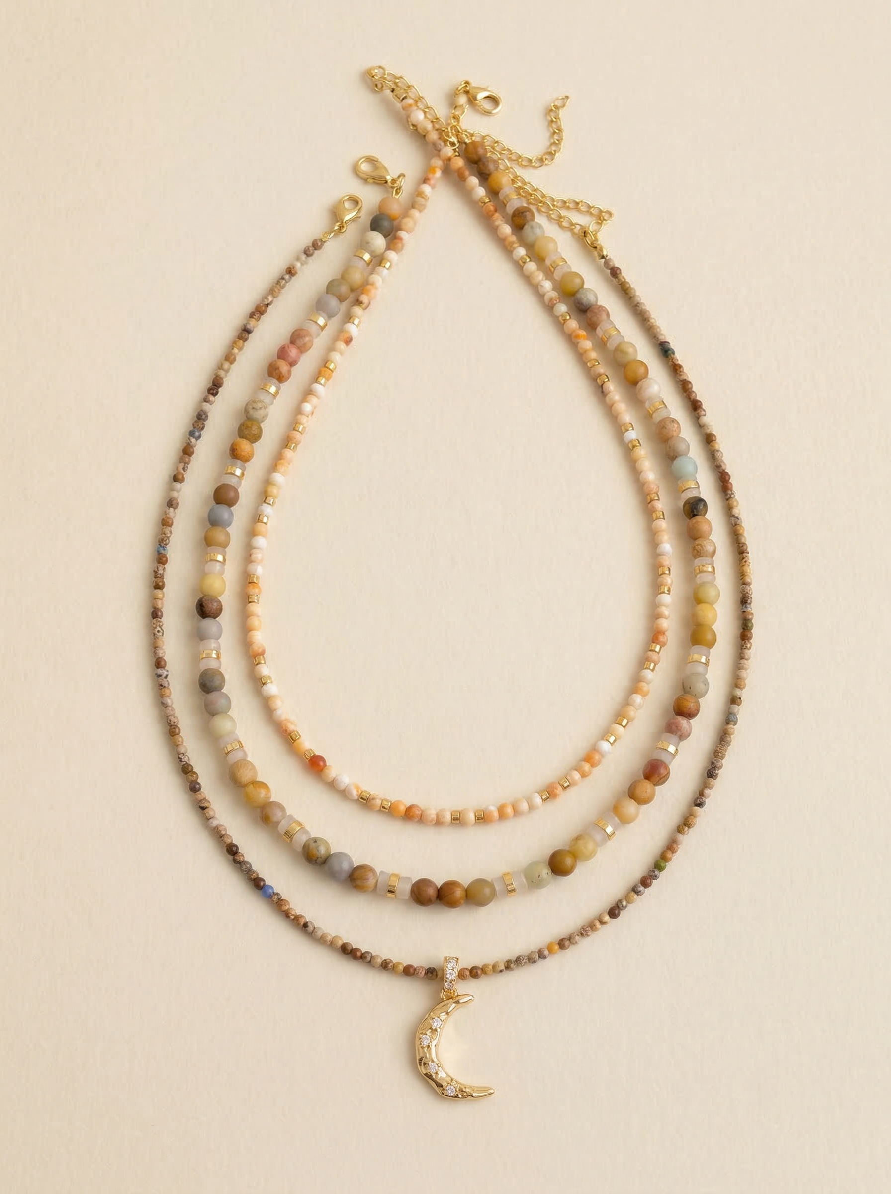Natural Stone Beaded Necklace with Moon Pendant