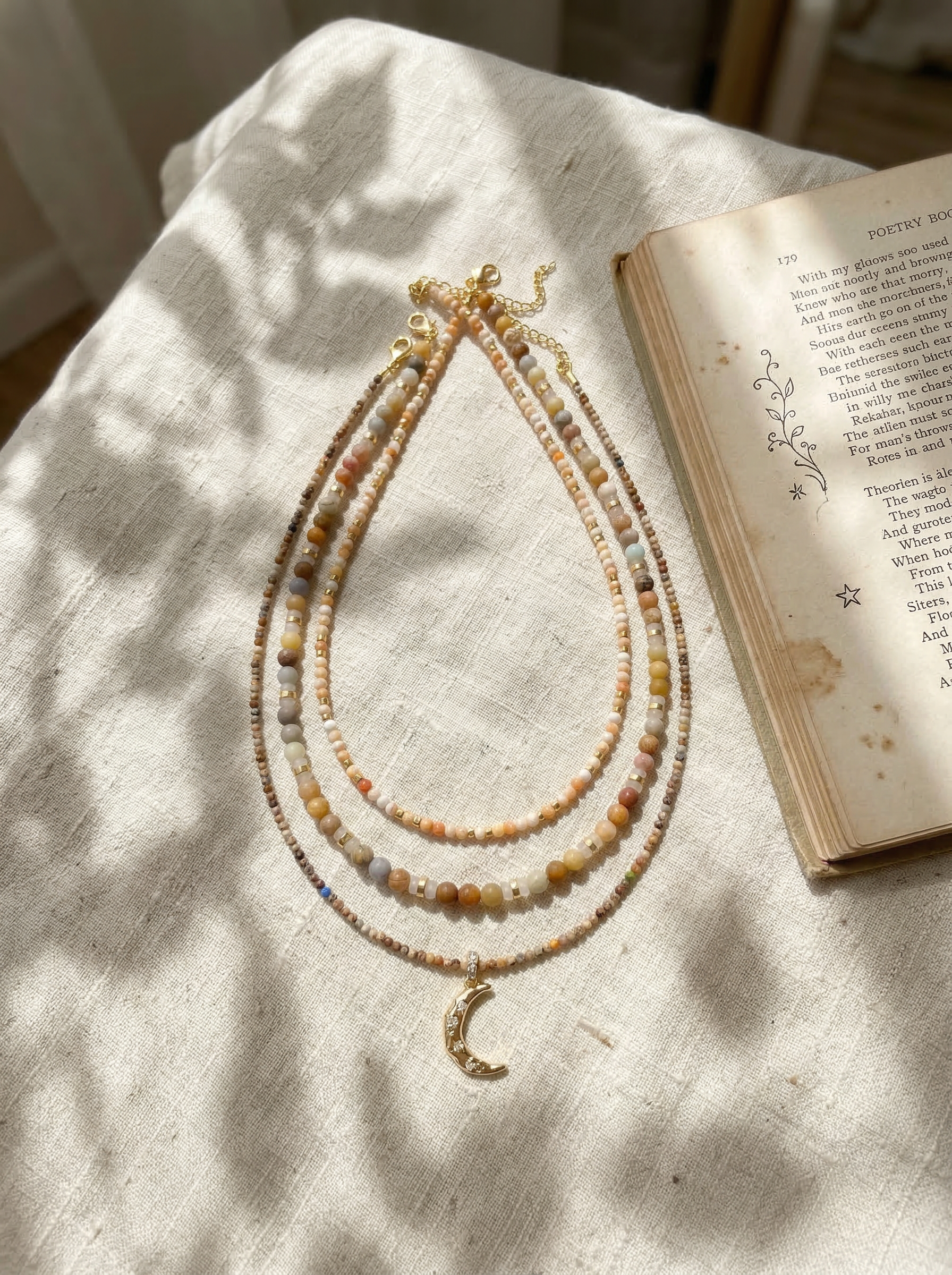 Natural Stone Beaded Necklace with Moon Pendant