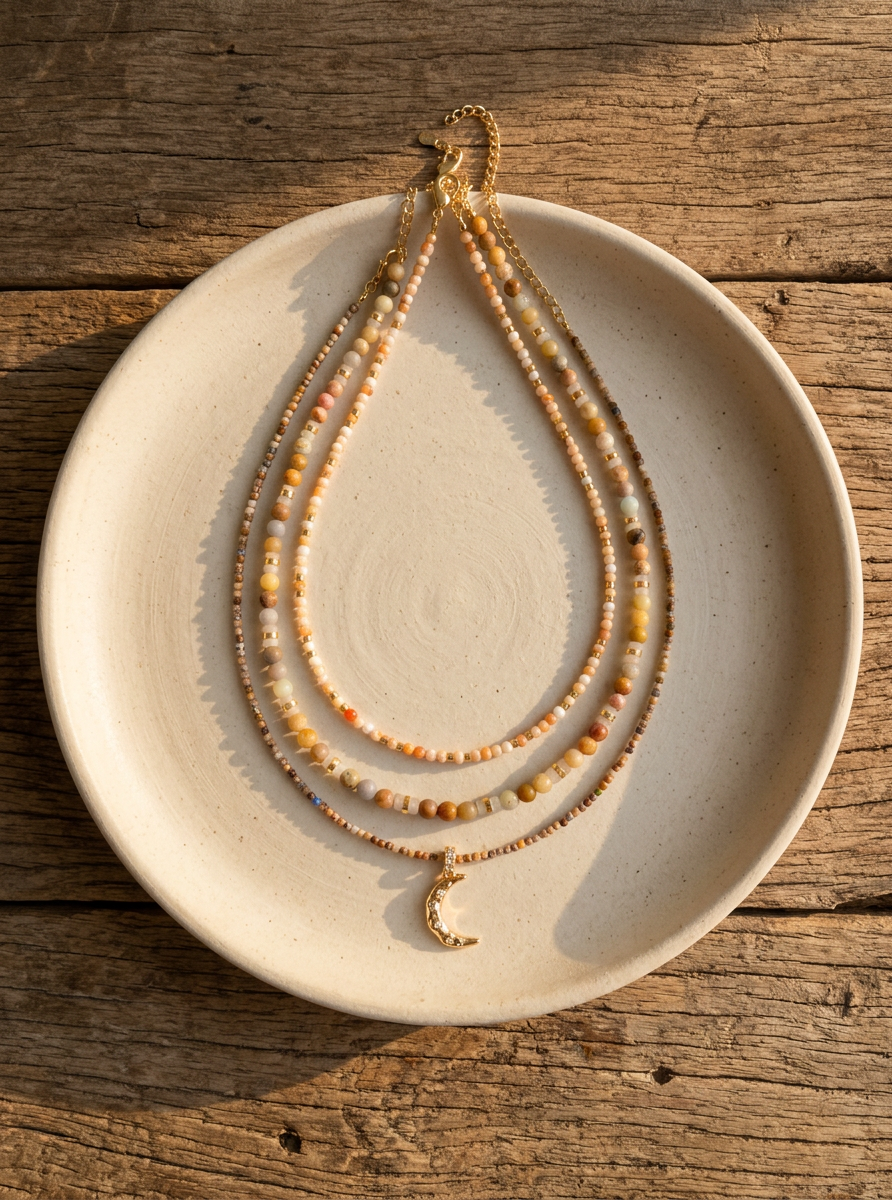 Natural Stone Beaded Necklace with Moon Pendant