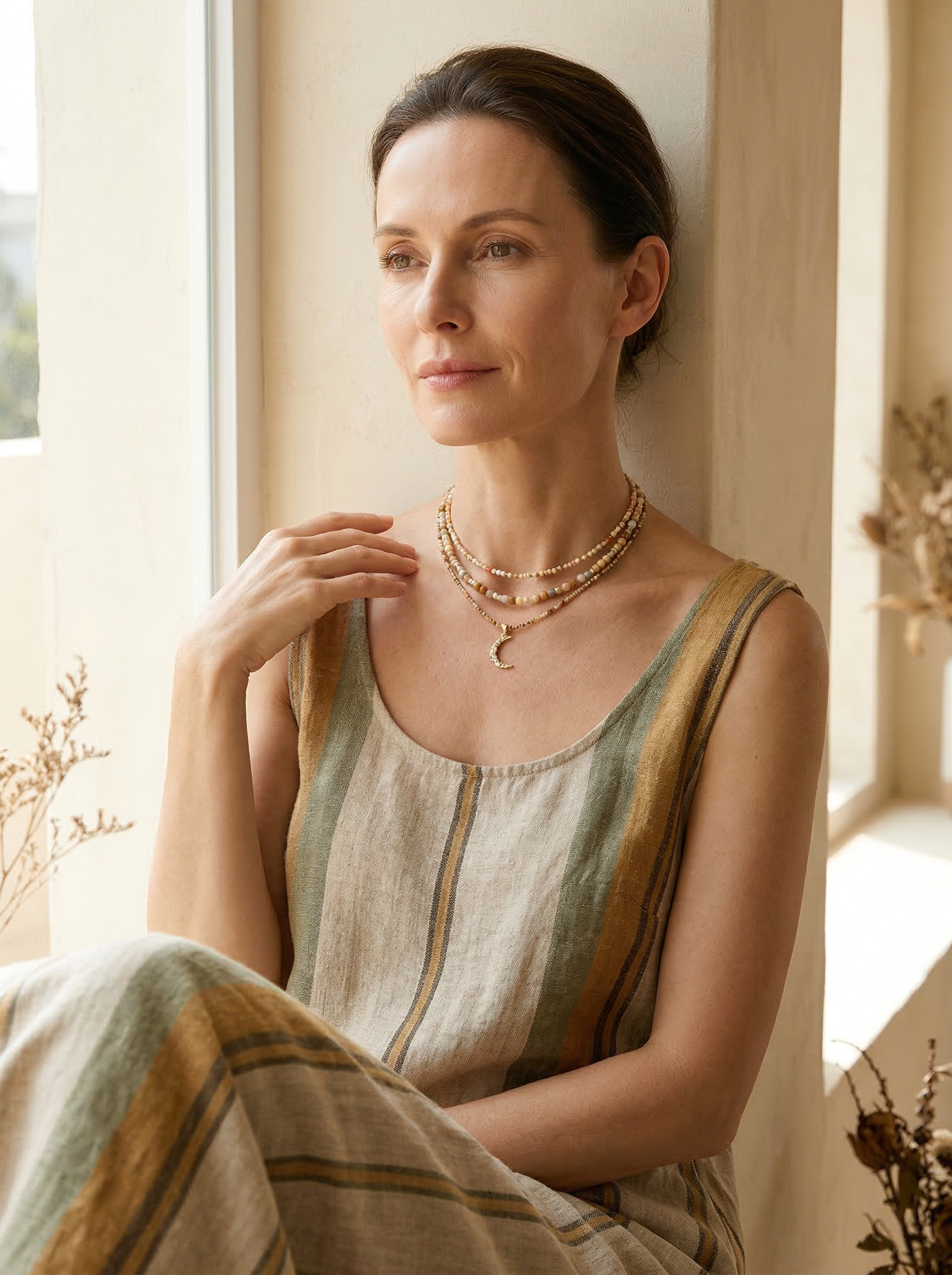 Natural Stone Beaded Necklace with Moon Pendant