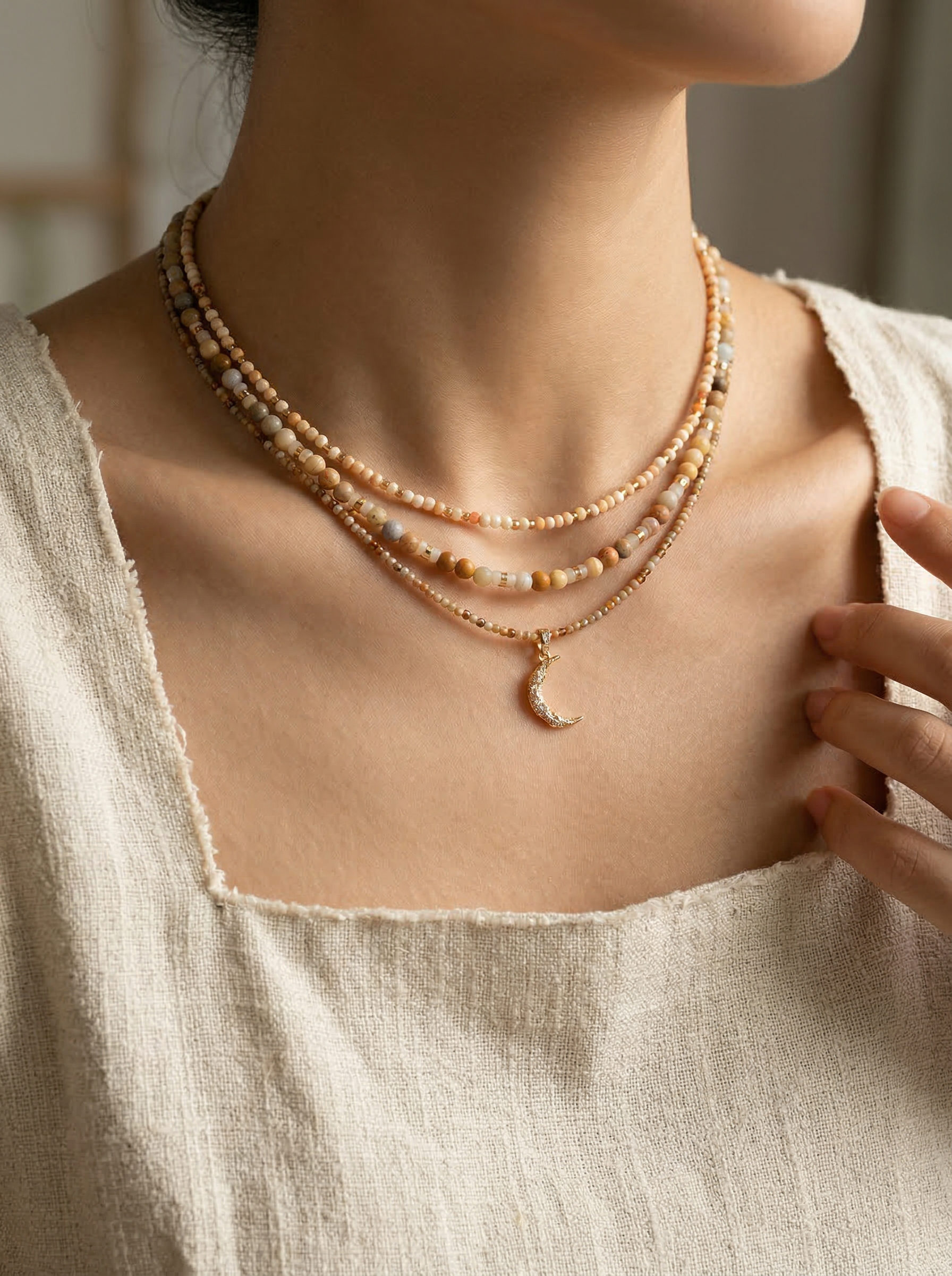 Natural Stone Beaded Necklace with Moon Pendant