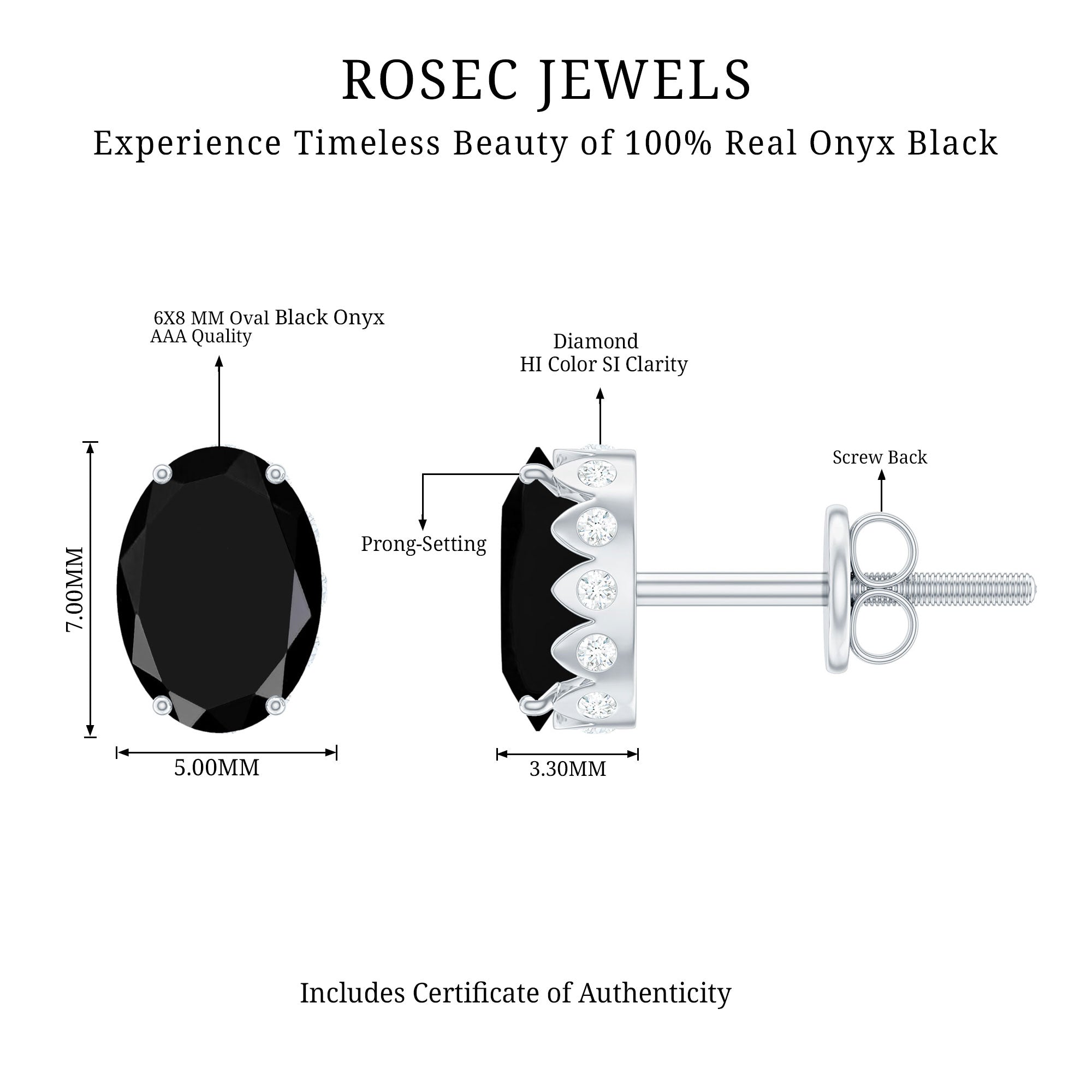 Natural 6X8mm Oval Black Onyx Earrings with Diamond