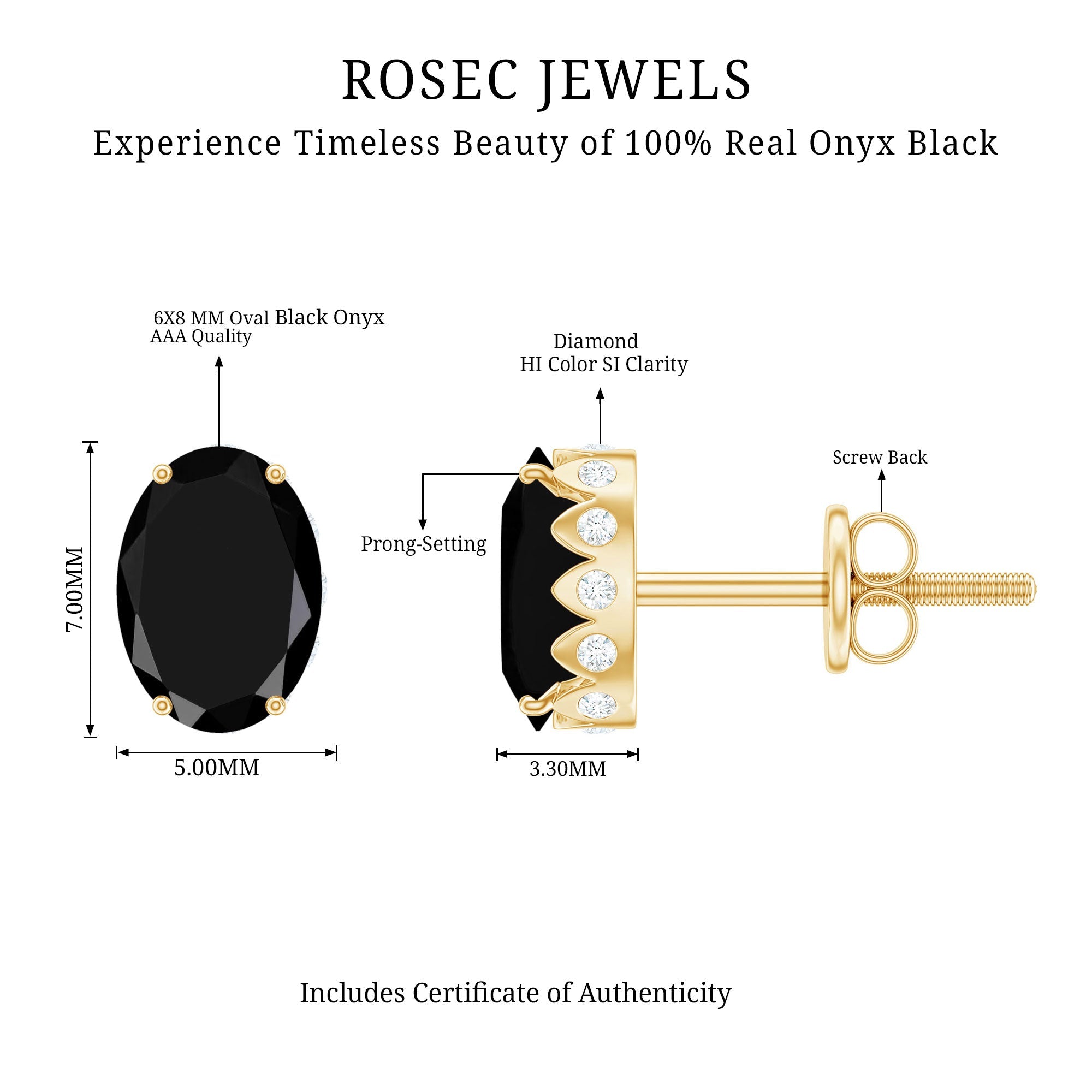 Natural 6X8mm Oval Black Onyx Earrings with Diamond