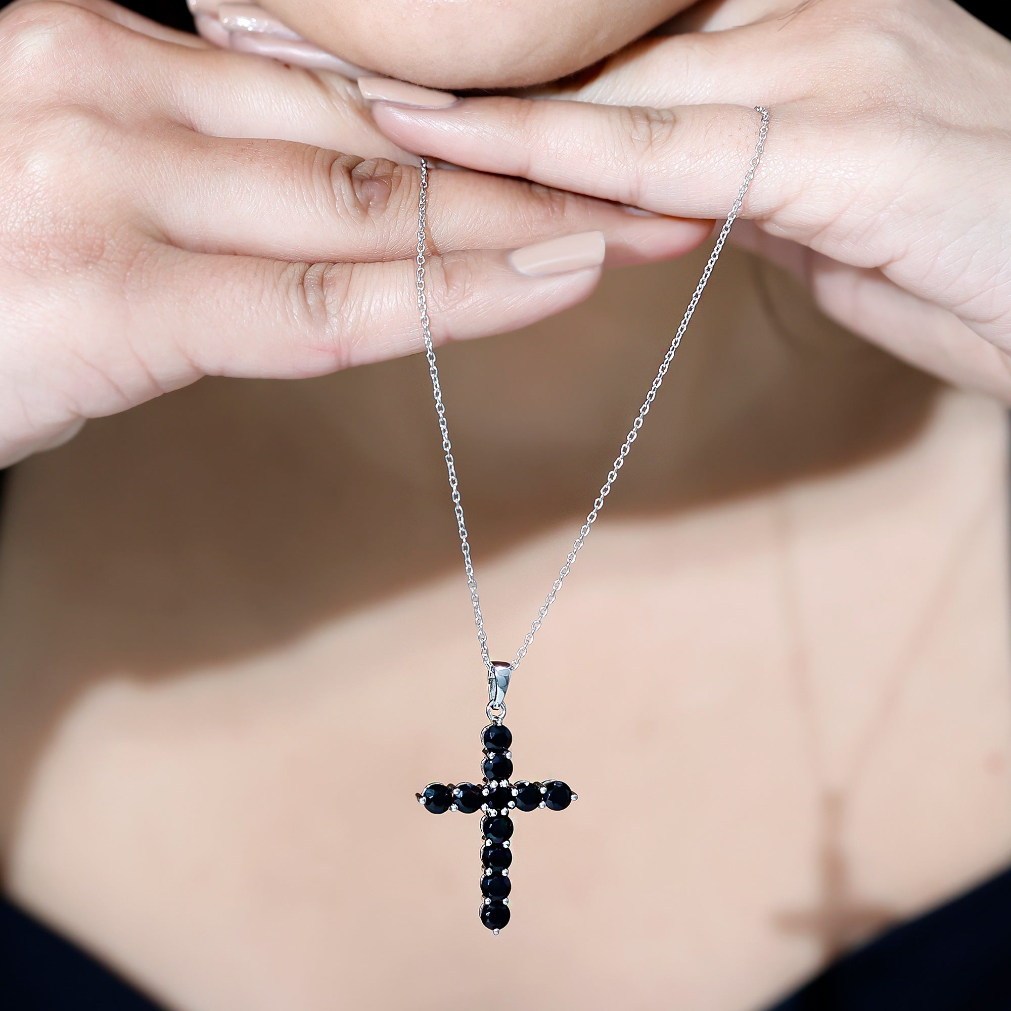 Certified Real Black Onyx Cross Pendant Necklace with Silver Chain