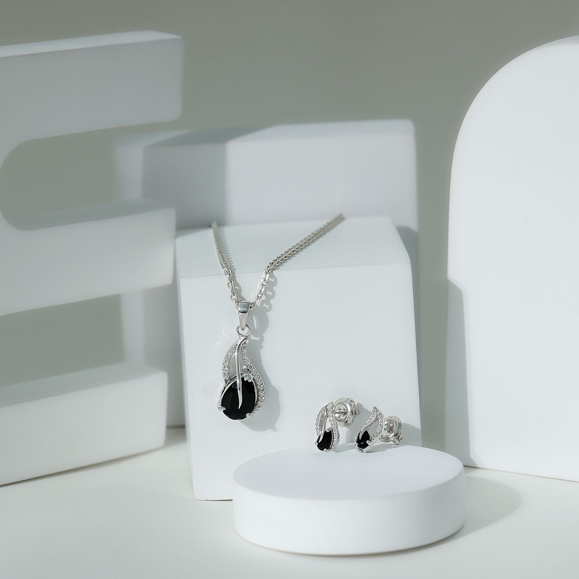 Real Black Onyx Earrings and Pendant Set with Moissanite