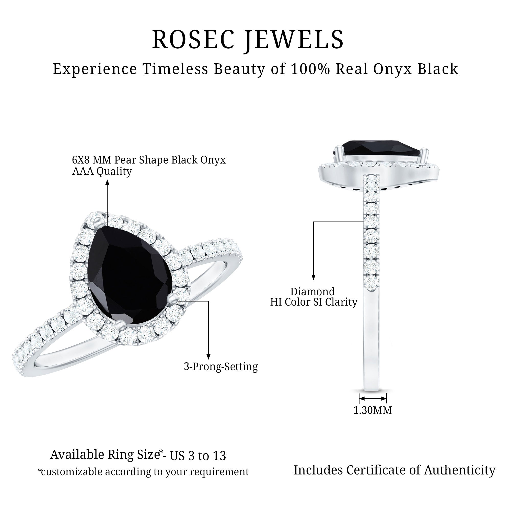 Genuine Black Onyx Teardrop Engagement Ring with Diamond
