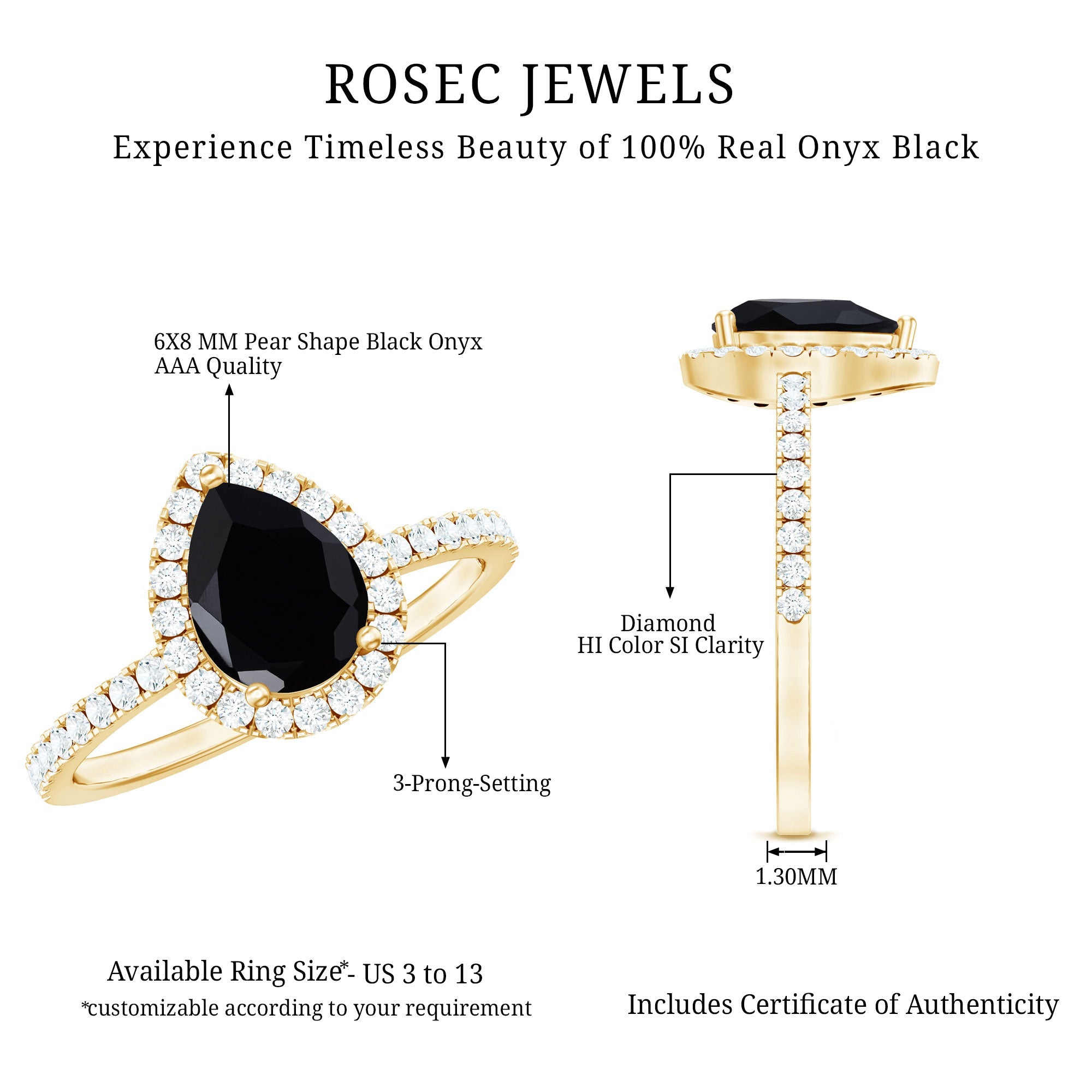 Genuine Black Onyx Teardrop Engagement Ring with Diamond
