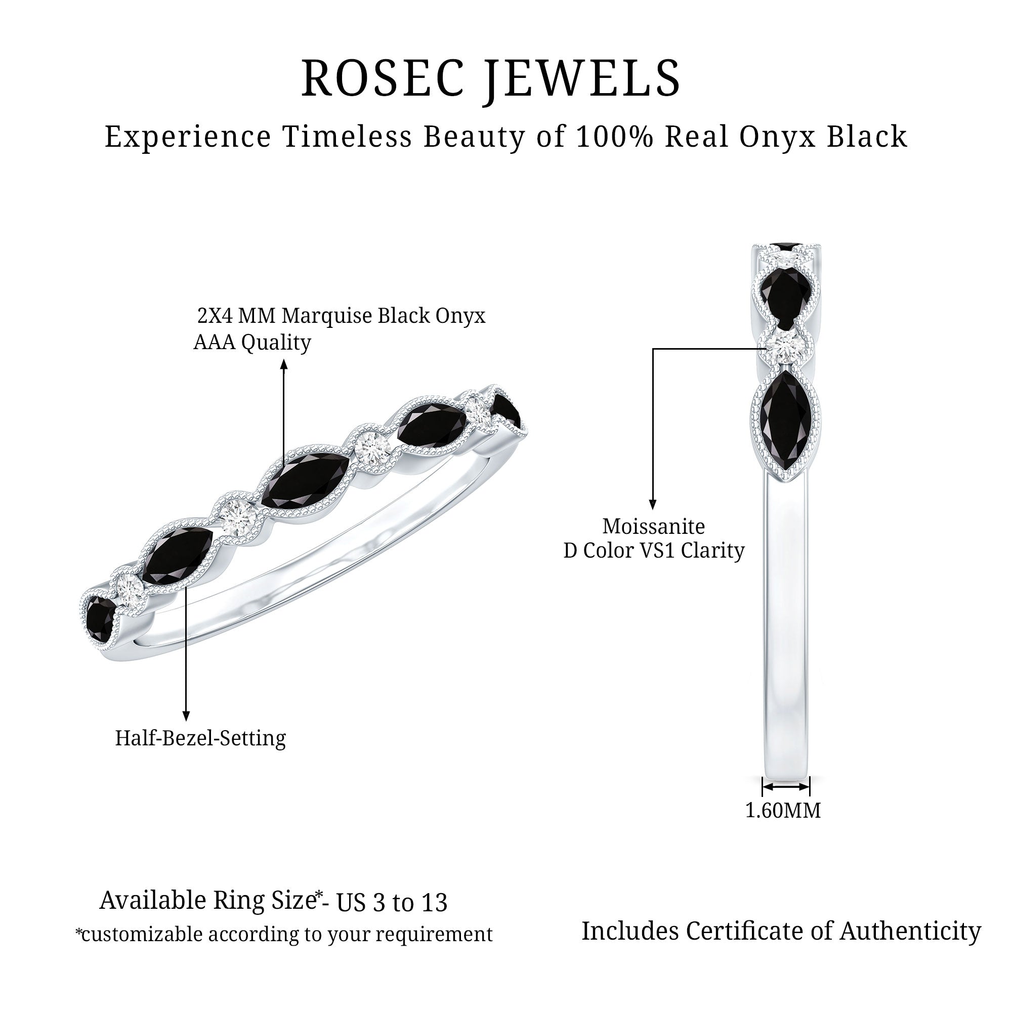 Certified Black Onyx Half Eternity Ring with Moissanite