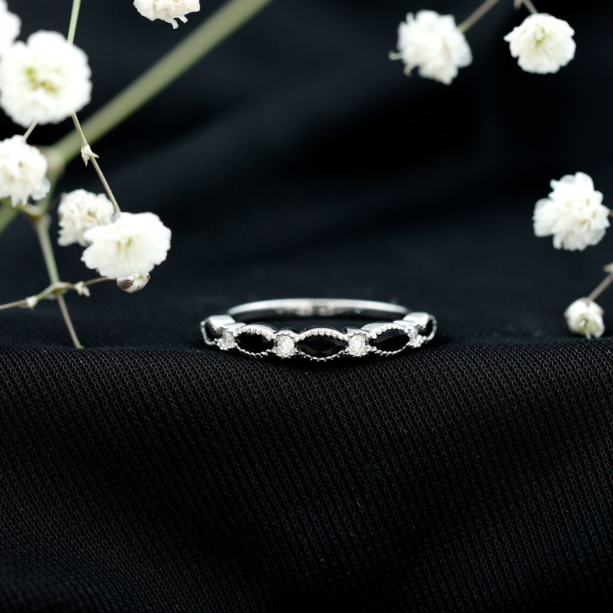 Certified Black Onyx Half Eternity Ring with Moissanite