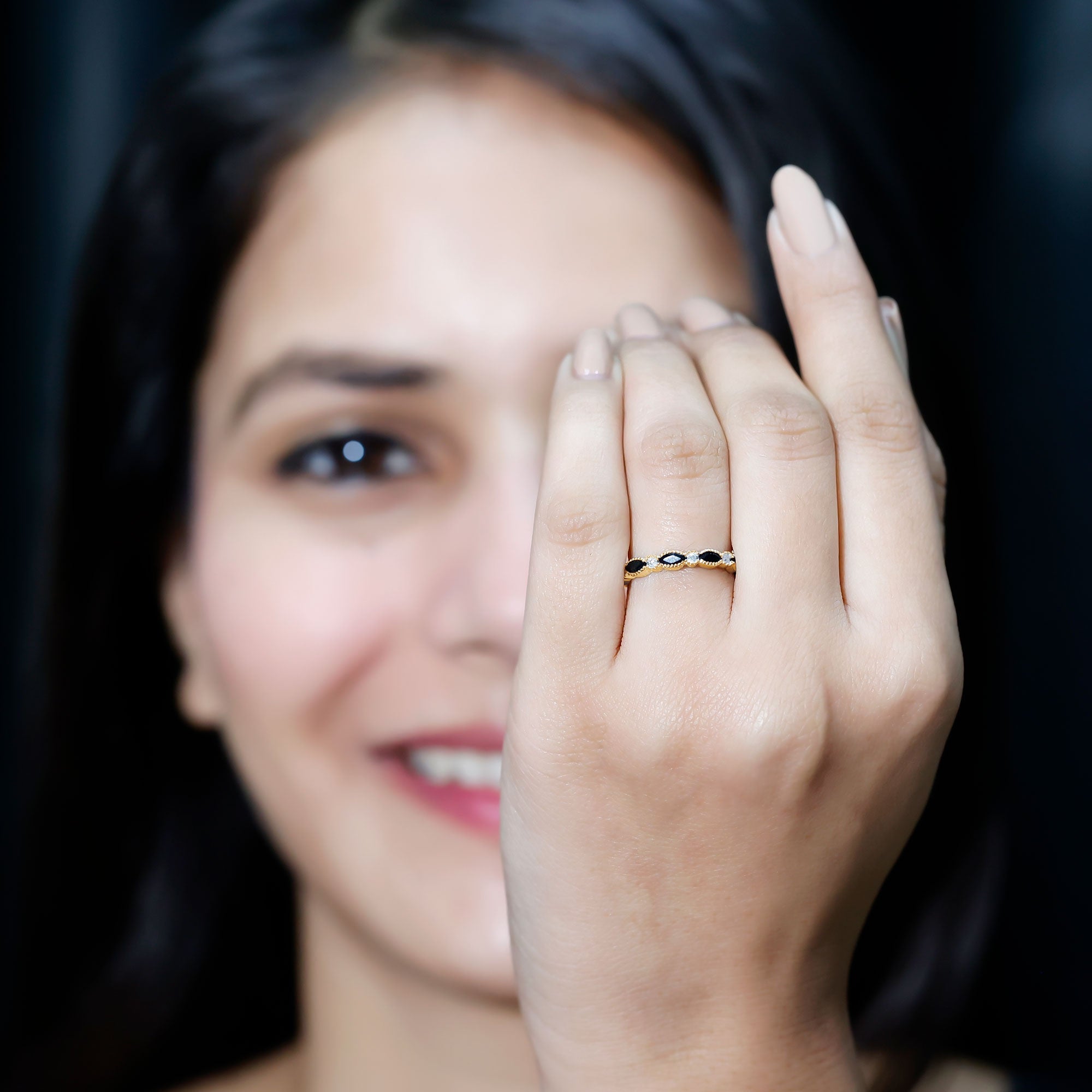 Certified Black Onyx Half Eternity Ring with Moissanite