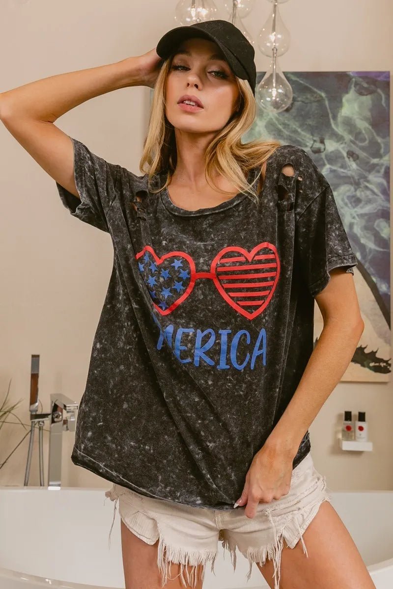 BiBi 4th Of July Theme Mineral Washed Laser Cut Top - S. M. & Co.