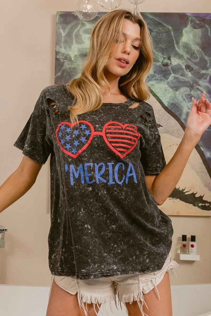 BiBi 4th Of July Theme Mineral Washed Laser Cut Top - S. M. & Co.