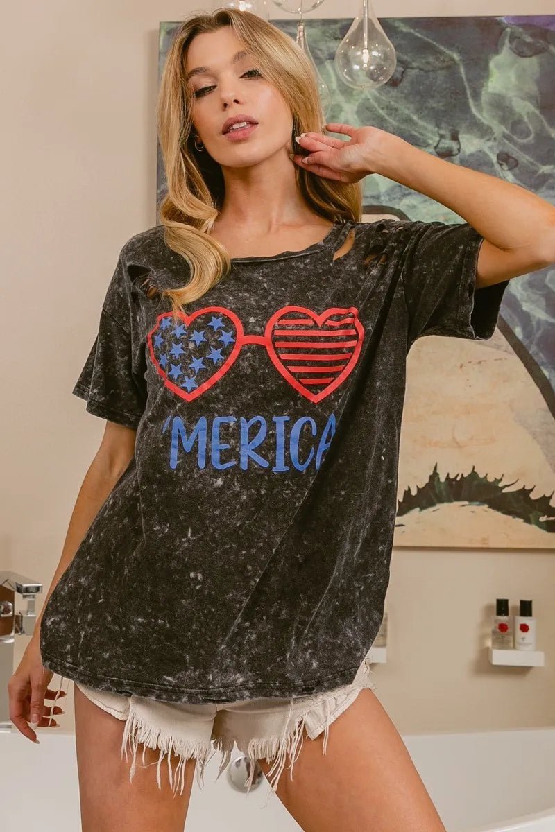 BiBi 4th Of July Theme Mineral Washed Laser Cut Top - S. M. & Co.
