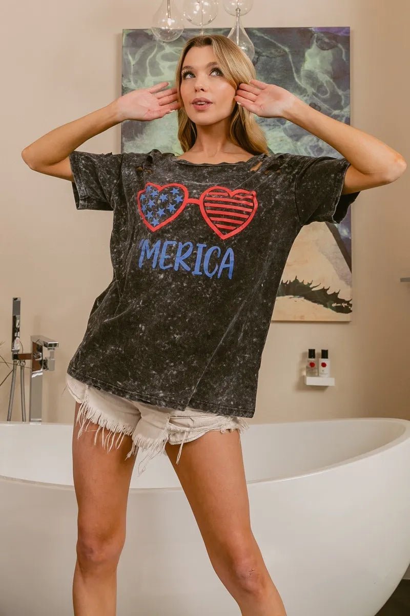 BiBi 4th Of July Theme Mineral Washed Laser Cut Top - S. M. & Co.