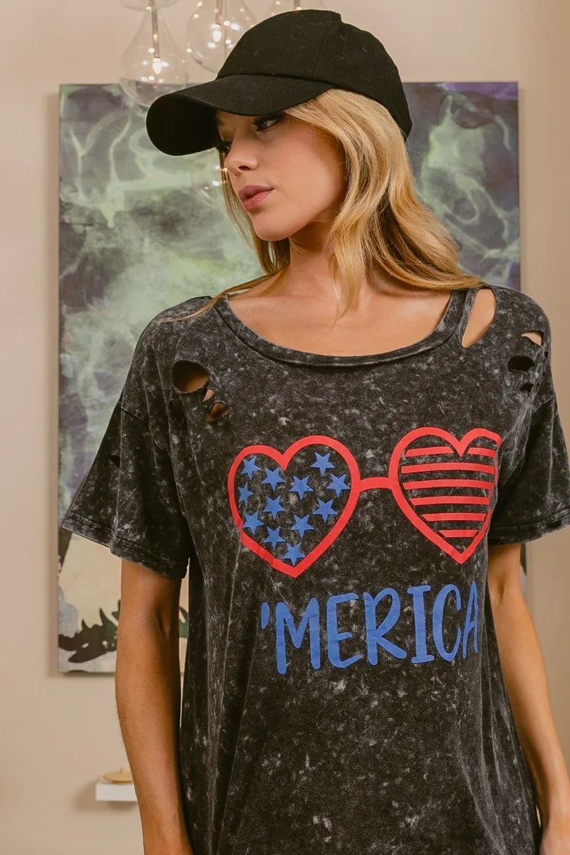 BiBi 4th Of July Theme Mineral Washed Laser Cut Top - S. M. & Co.