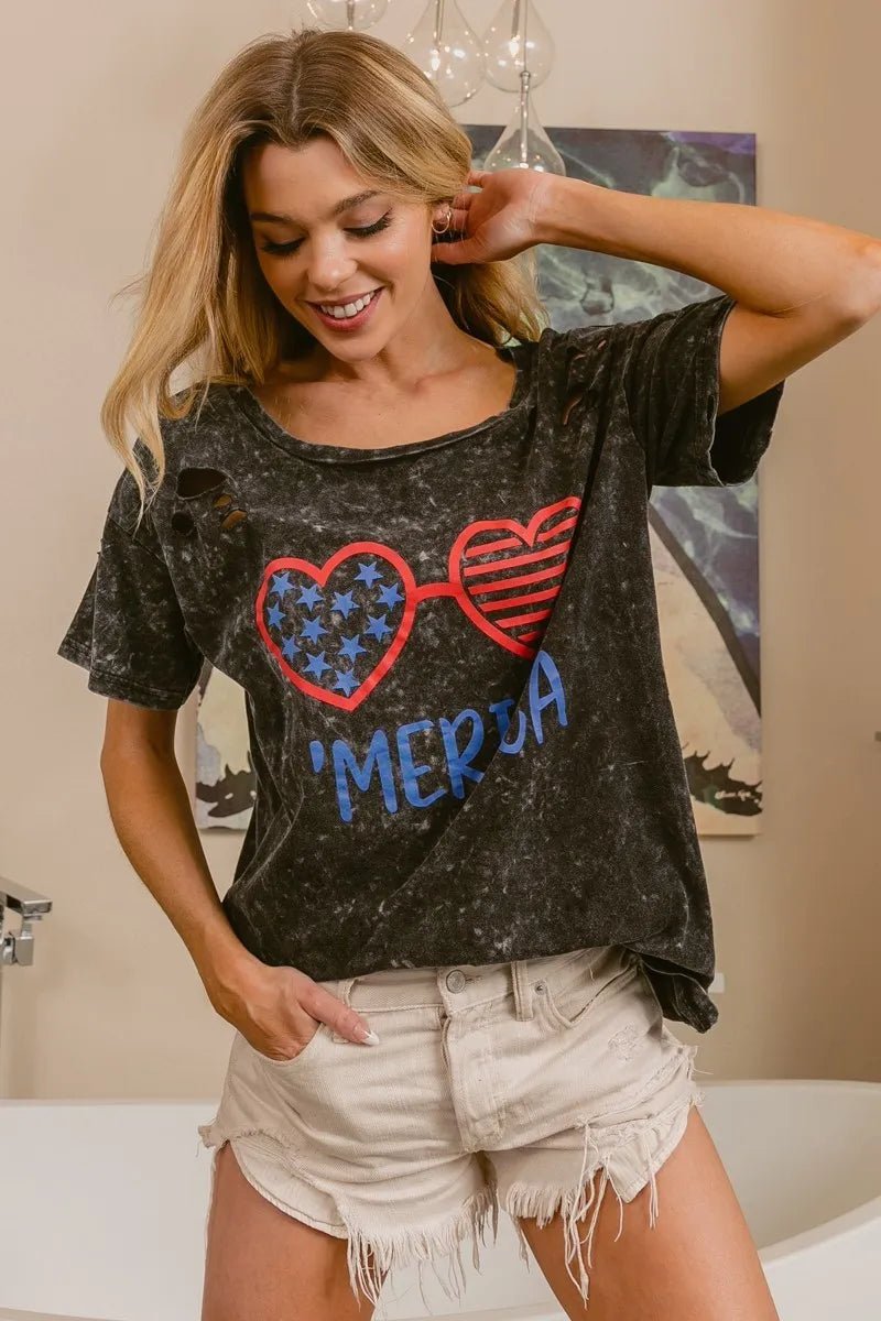 BiBi 4th Of July Theme Mineral Washed Laser Cut Top - S. M. & Co.