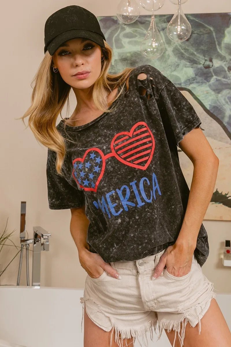 BiBi 4th Of July Theme Mineral Washed Laser Cut Top - S. M. & Co.