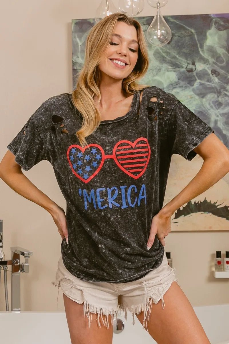 BiBi 4th Of July Theme Mineral Washed Laser Cut Top - S. M. & Co.