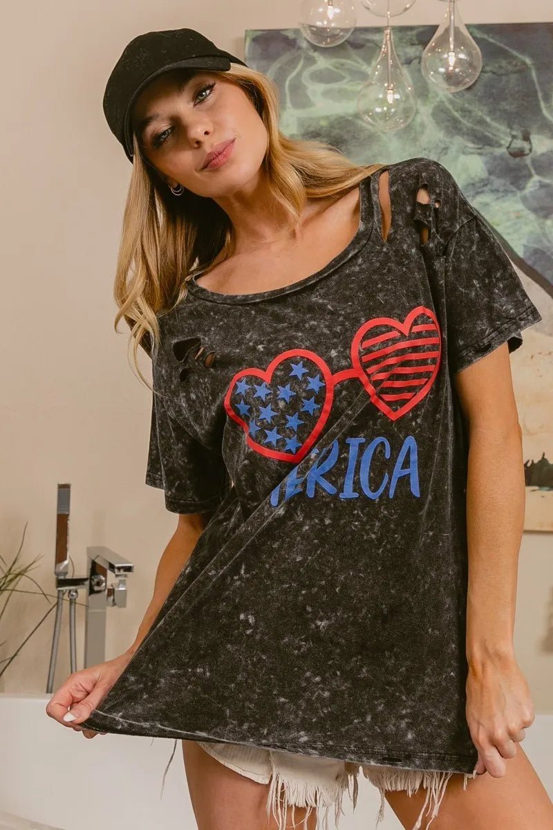 BiBi 4th Of July Theme Mineral Washed Laser Cut Top - S. M. & Co.