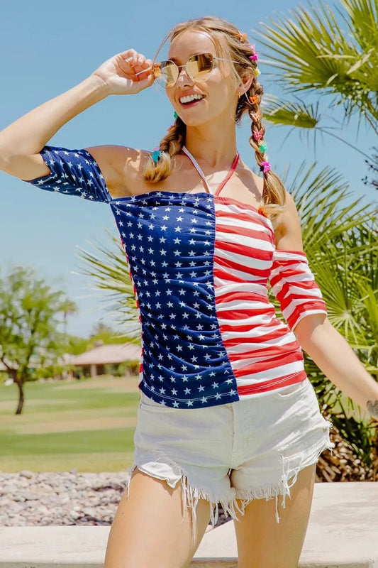 BiBi American Flag Off Shoulder With Front Ruched Top - S. M. & Co.