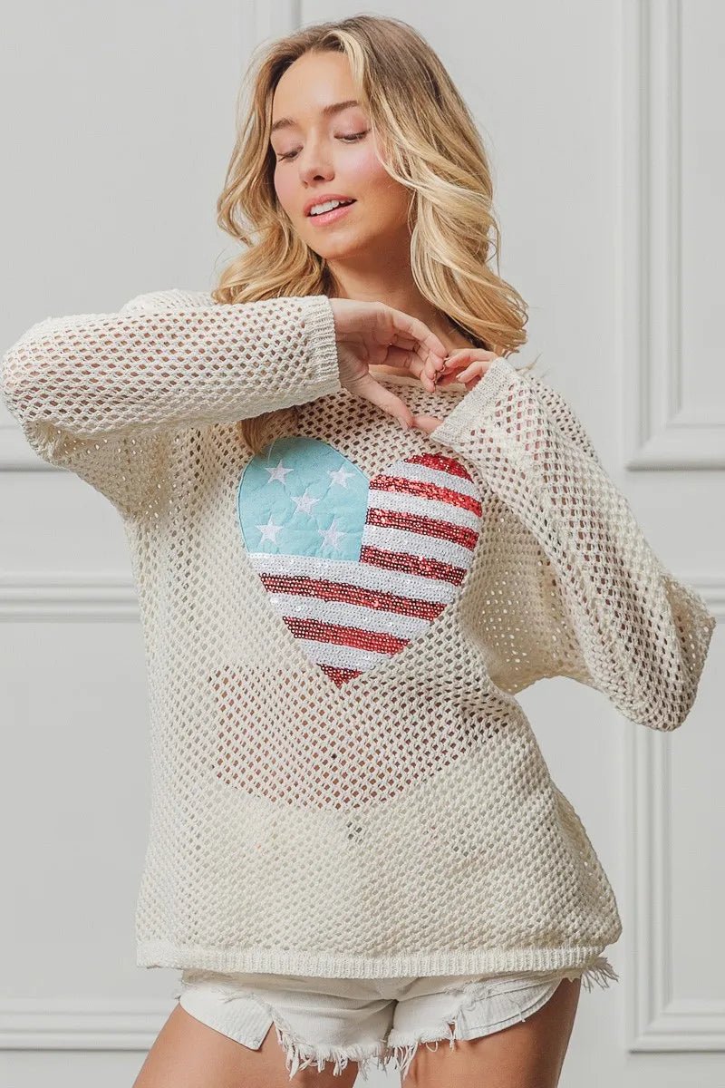BiBi Sequin American Flag Heart Knit Up - S. M. & Co.