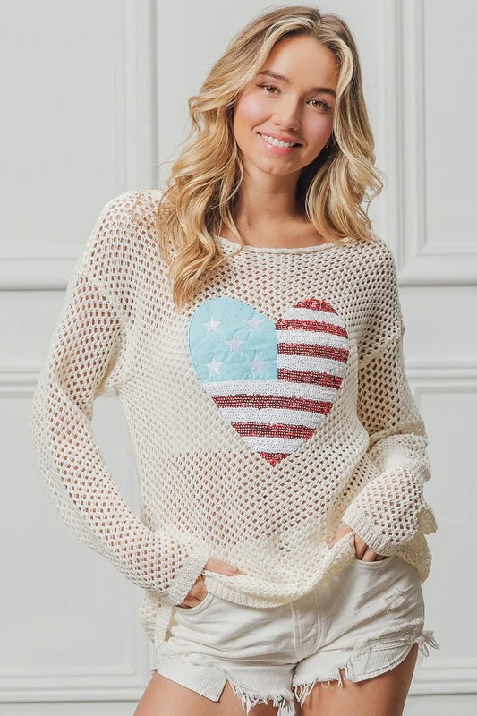 BiBi Sequin American Flag Heart Knit Up - S. M. & Co.