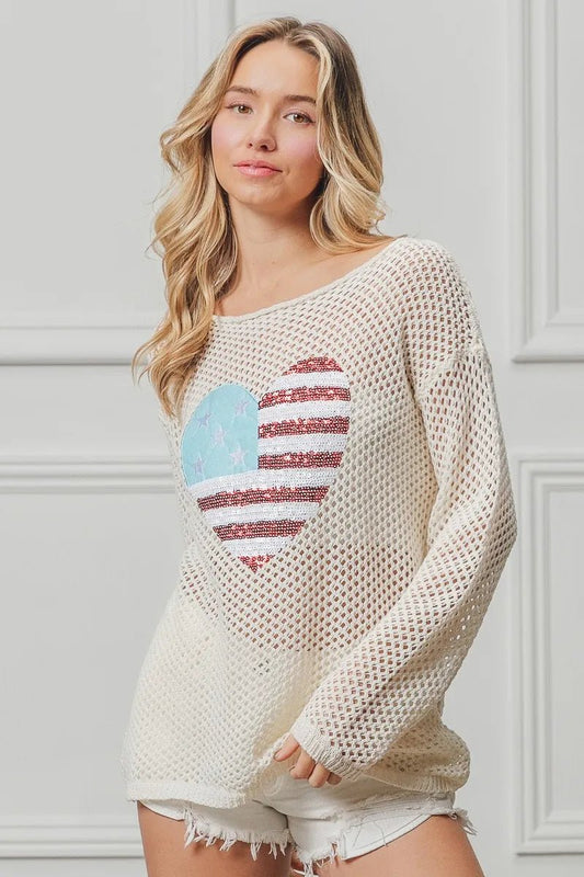 BiBi Sequin American Flag Heart Knit Up - S. M. & Co.