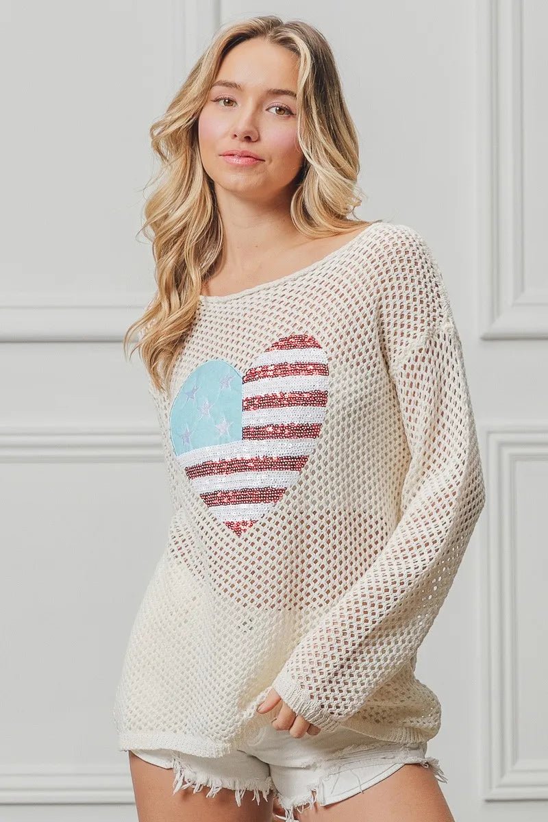 BiBi Sequin American Flag Heart Knit Up - S. M. & Co.