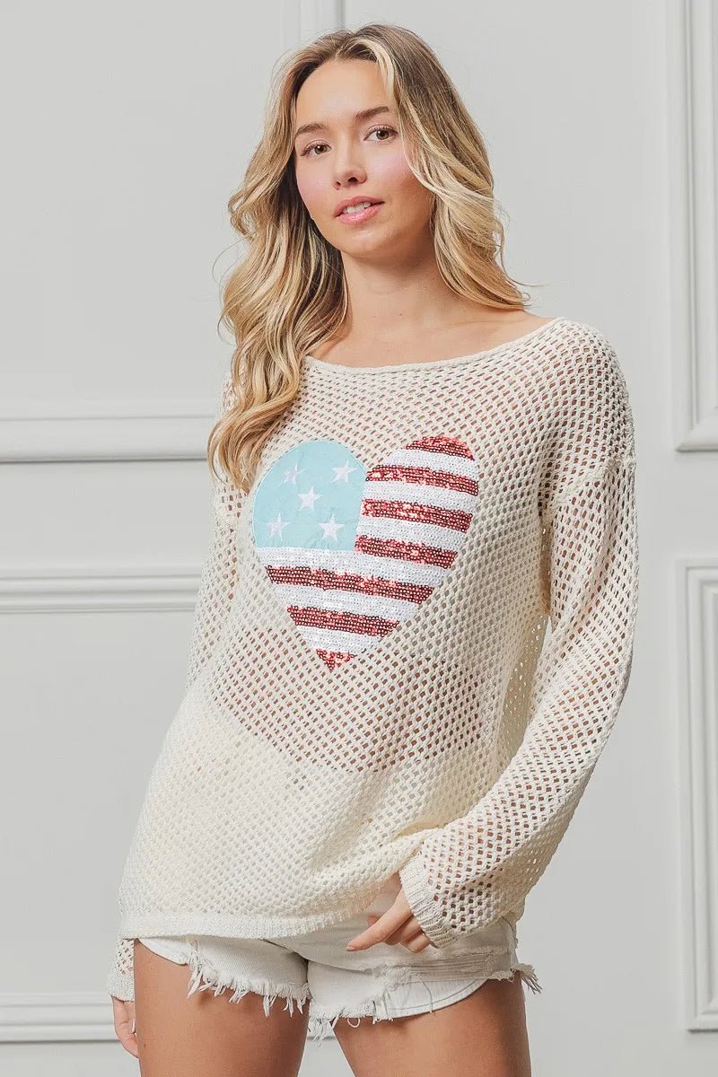 BiBi Sequin American Flag Heart Knit Up - S. M. & Co.