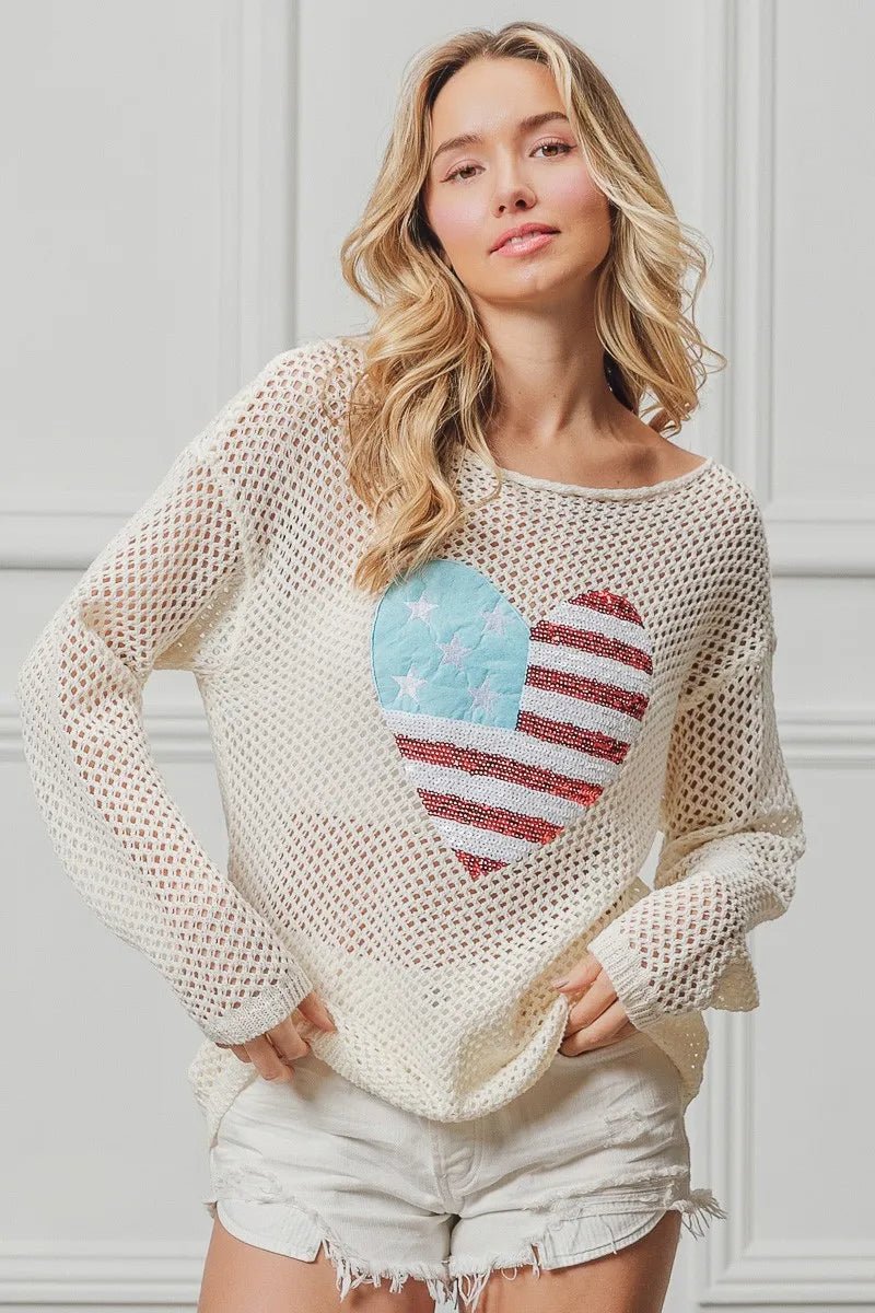 BiBi Sequin American Flag Heart Knit Up - S. M. & Co.