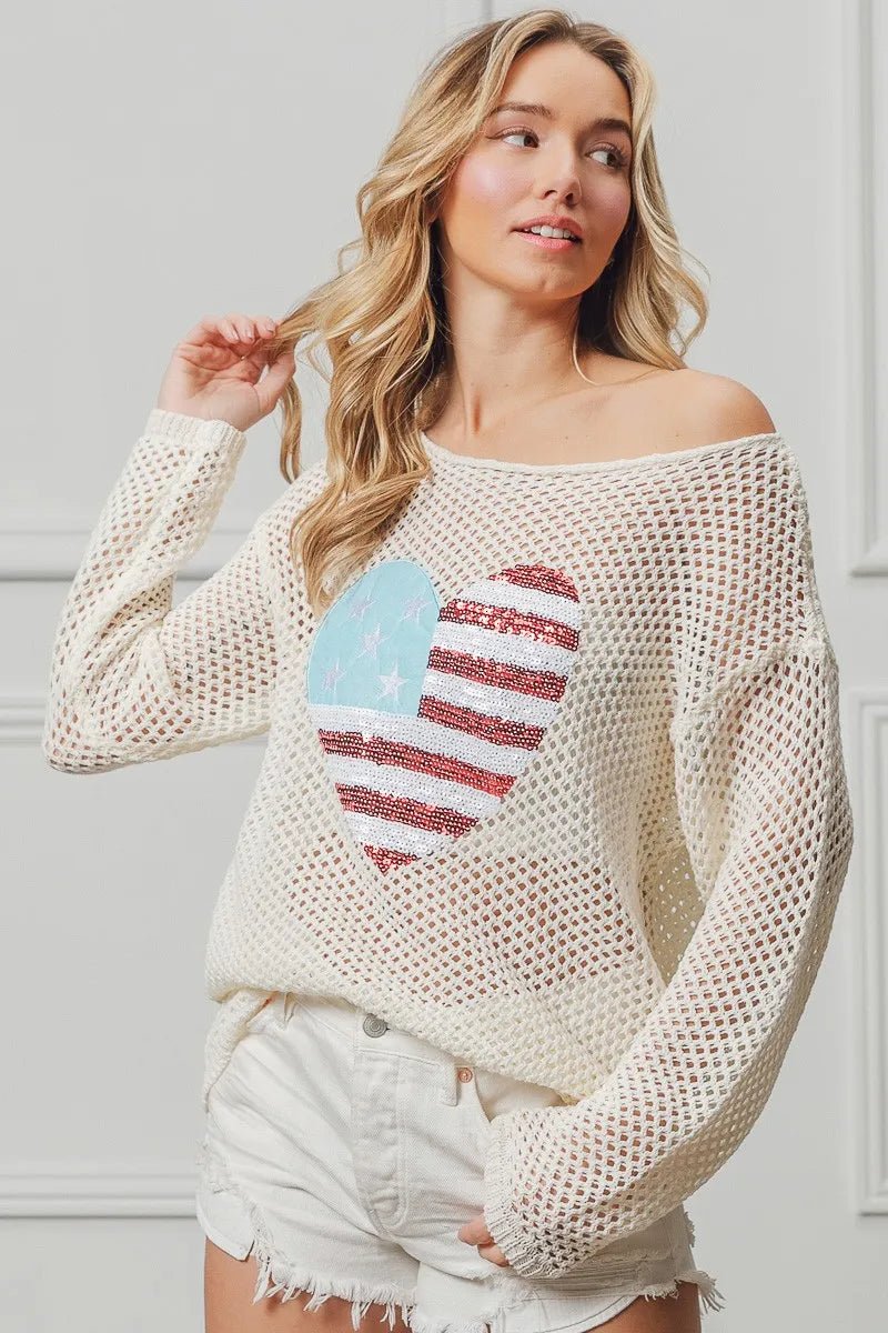 BiBi Sequin American Flag Heart Knit Up - S. M. & Co.