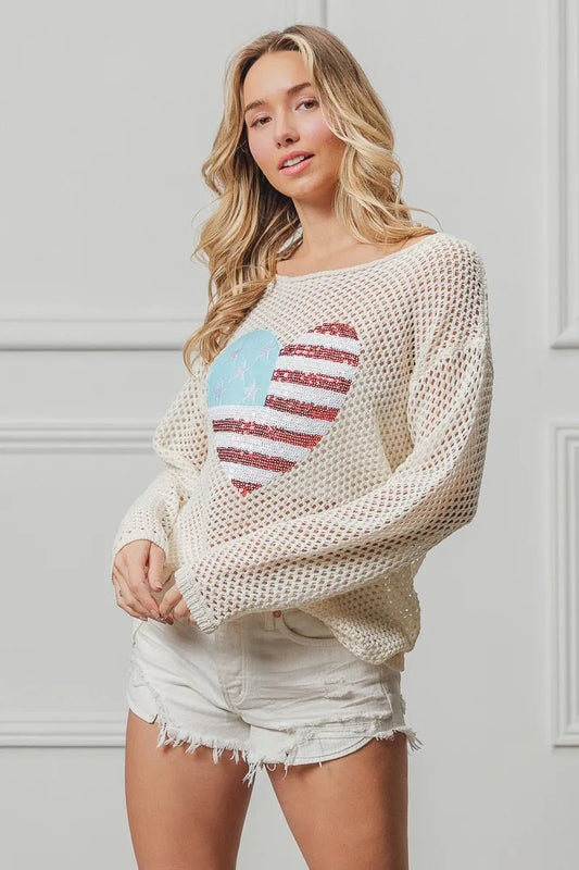 BiBi Sequin American Flag Heart Knit Up - S. M. & Co.