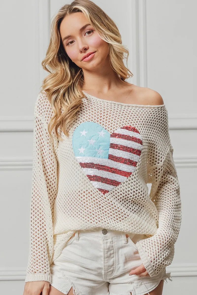 BiBi Sequin American Flag Heart Knit Up - S. M. & Co.