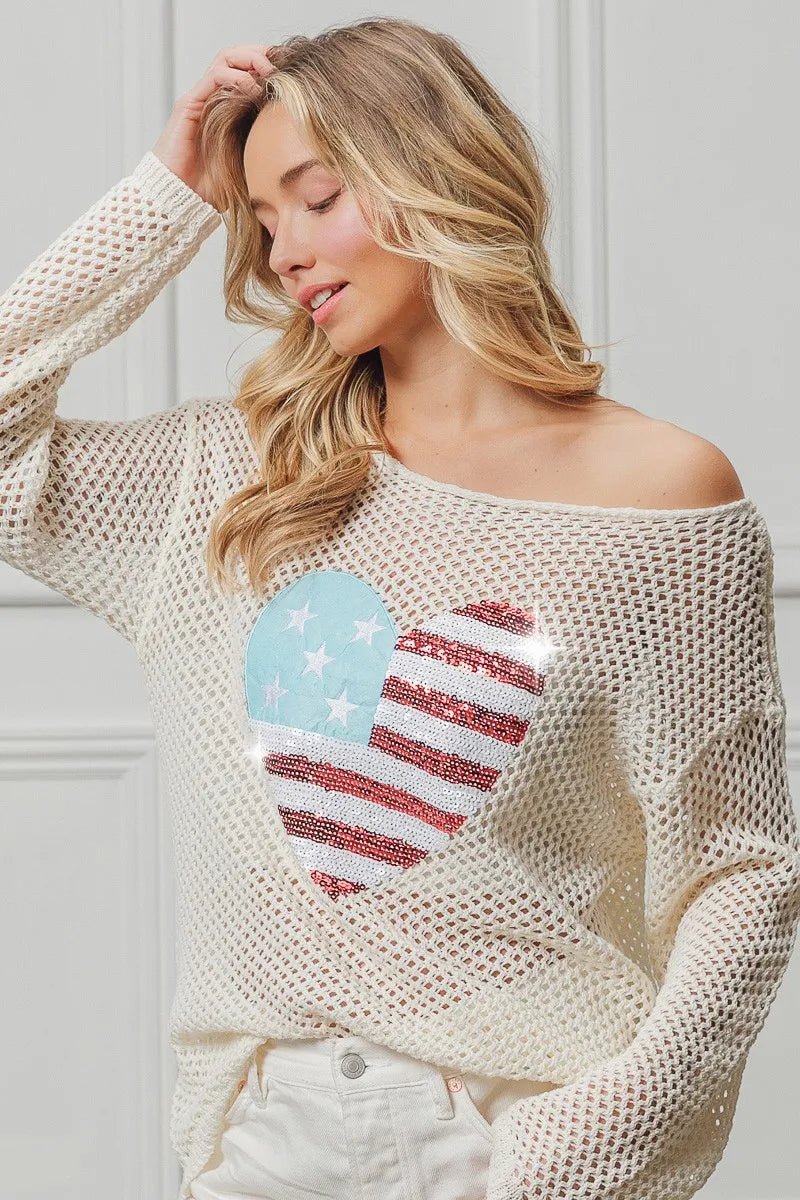 BiBi Sequin American Flag Heart Knit Up - S. M. & Co.