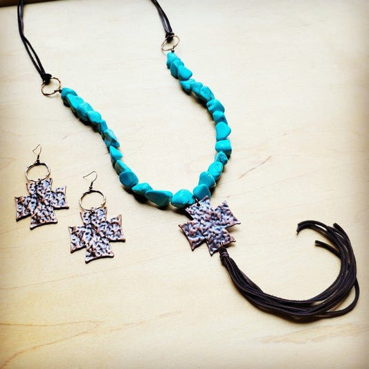 Chunky Beaded Cross Necklace Leather Tassel - S. M. & Co. Necklace