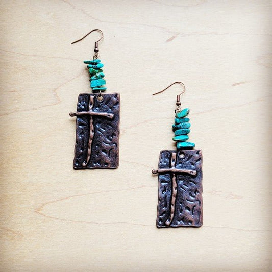 Copper Cross Earrings w/ Natural Turquoise Chunks - S. M. & Co. Earrings