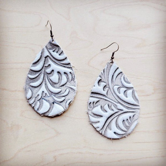 Leather Teardrop Earrings - Sandy White Floral - S. M. & Co.