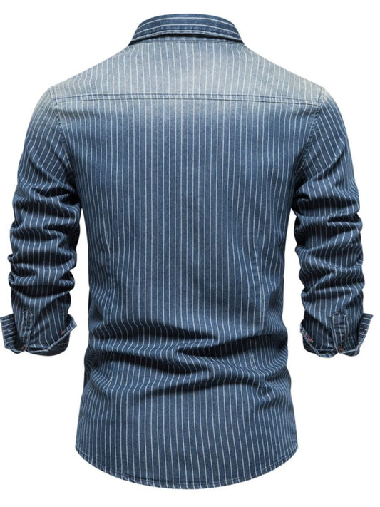 Men's Striped Collared Neck Button Down Denim Shirt - S. M. & Co.