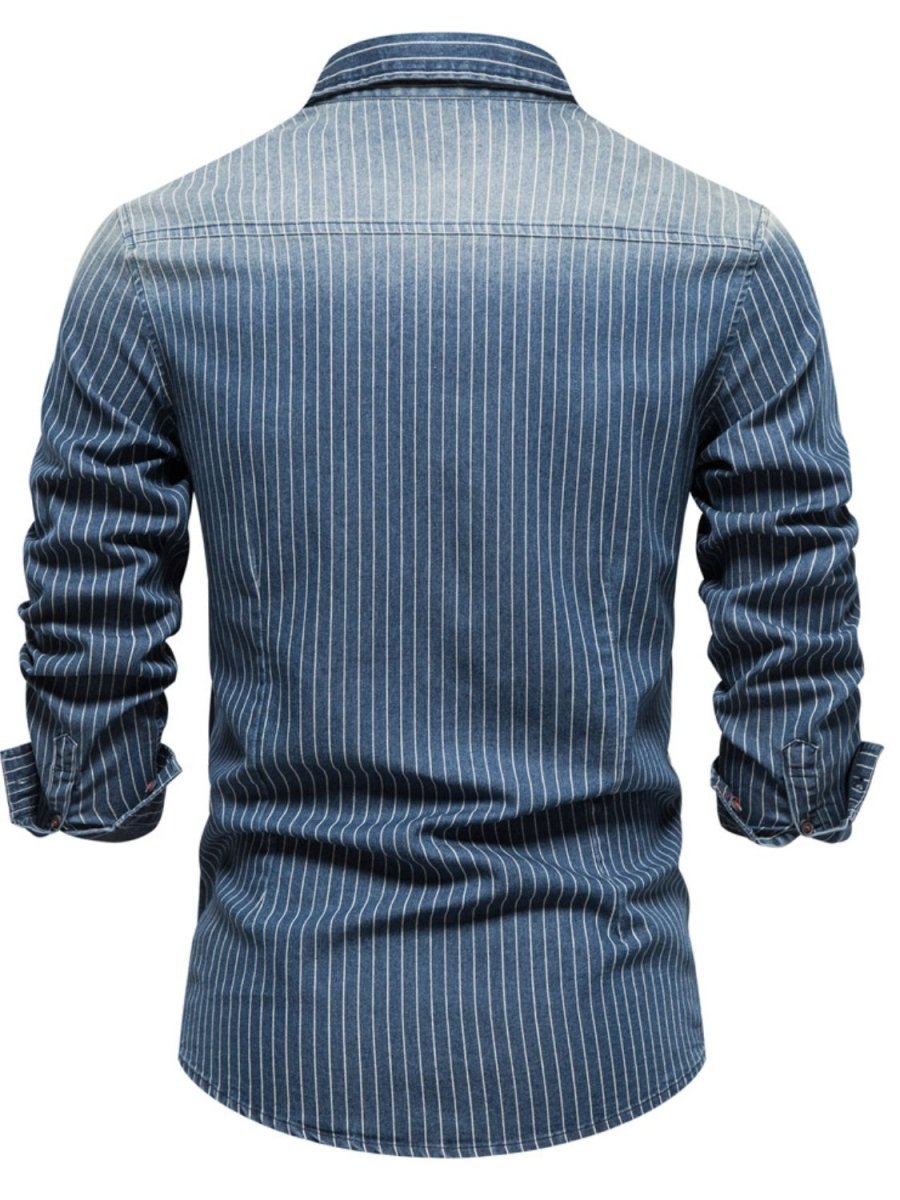 Men's Striped Collared Neck Button Down Denim Shirt - S. M. & Co.