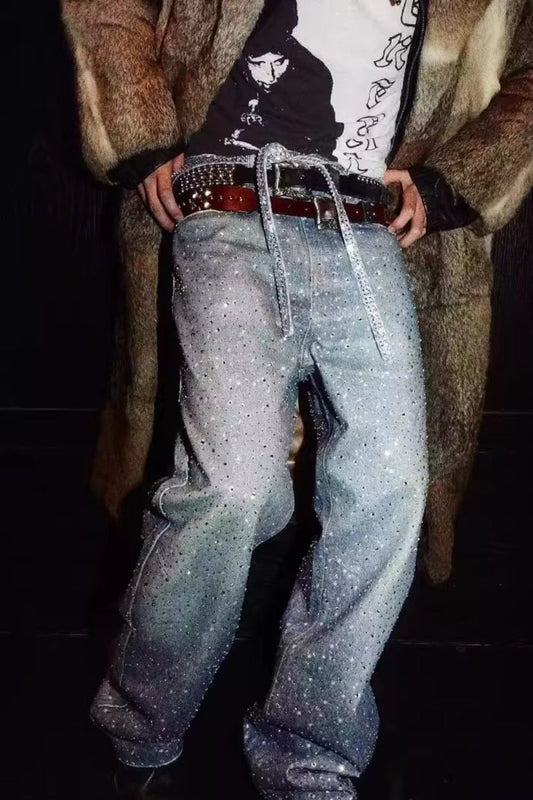 Men's Washed Rhinestone Jeans with Rhinestone Belt - S. M. & Co.
