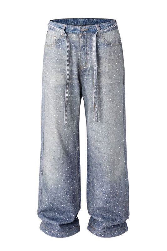 Men's Washed Rhinestone Jeans with Rhinestone Belt - S. M. & Co.