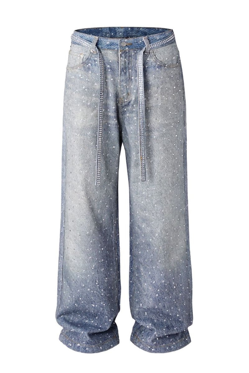 Men's Washed Rhinestone Jeans with Rhinestone Belt - S. M. & Co.