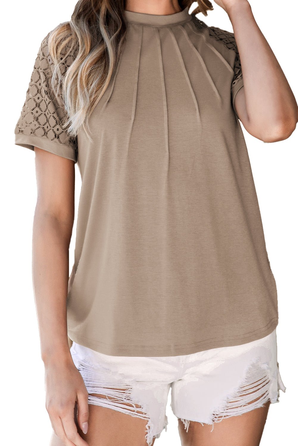 Pale Khaki Seamed Detail Contrast Lace Raglan Sleeve Tee - AnAs Market