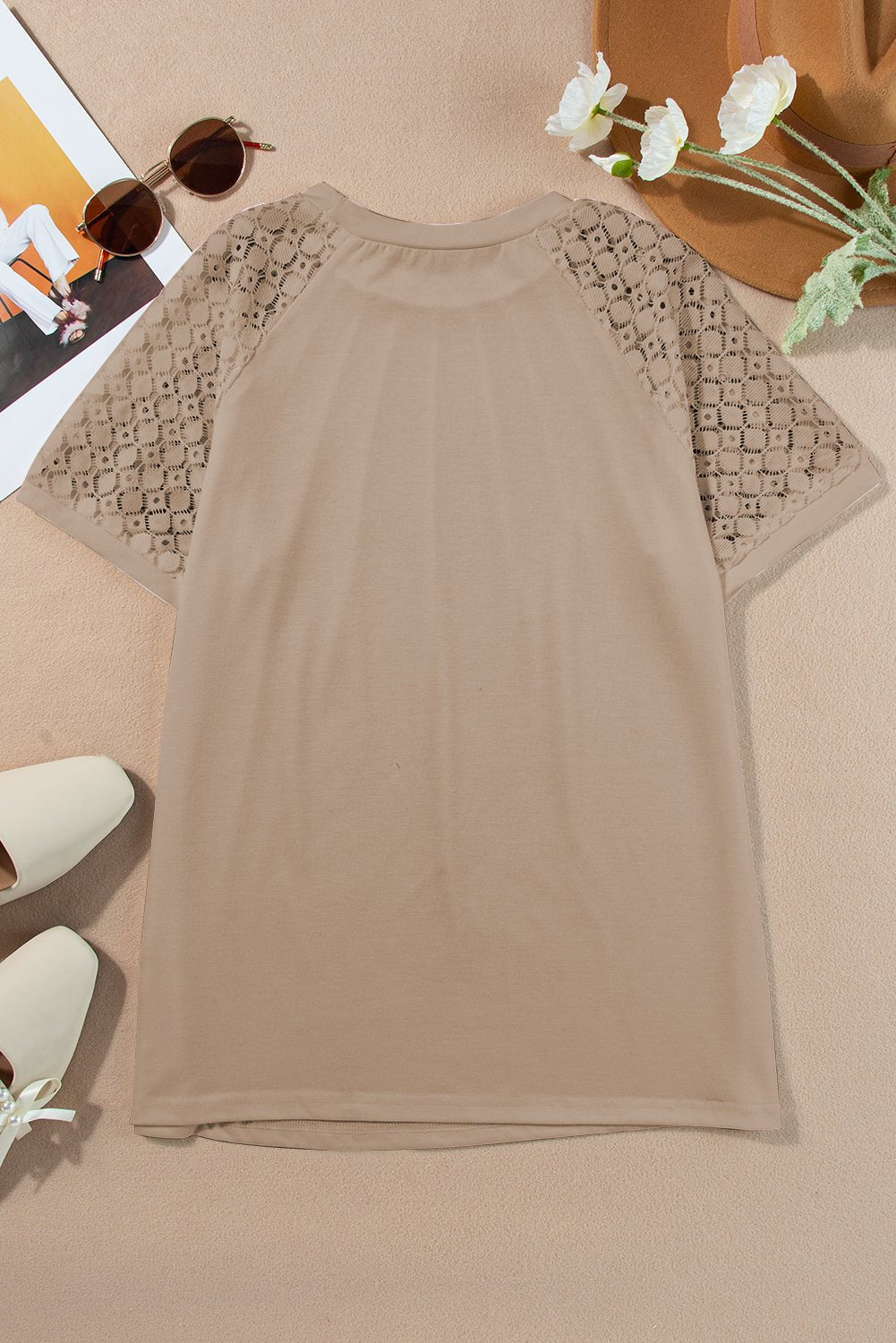 Pale Khaki Seamed Detail Contrast Lace Raglan Sleeve Tee - AnAs Market