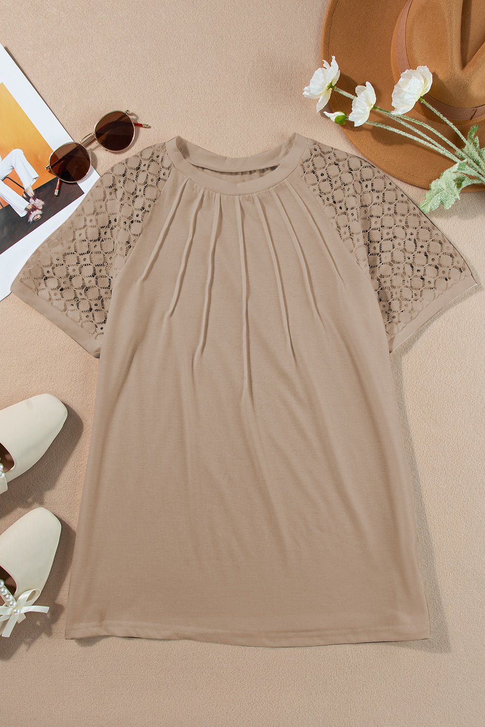 Pale Khaki Seamed Detail Contrast Lace Raglan Sleeve Tee - AnAs Market