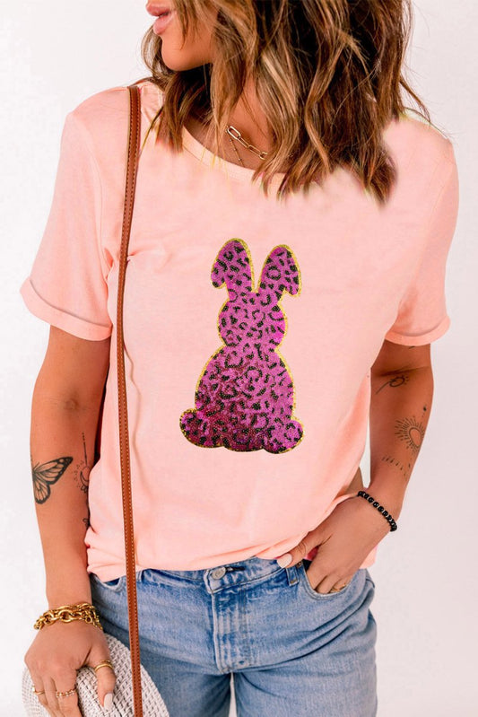 Sequined Pink Leopard Bunny T-Shirt - S. M. & Co.