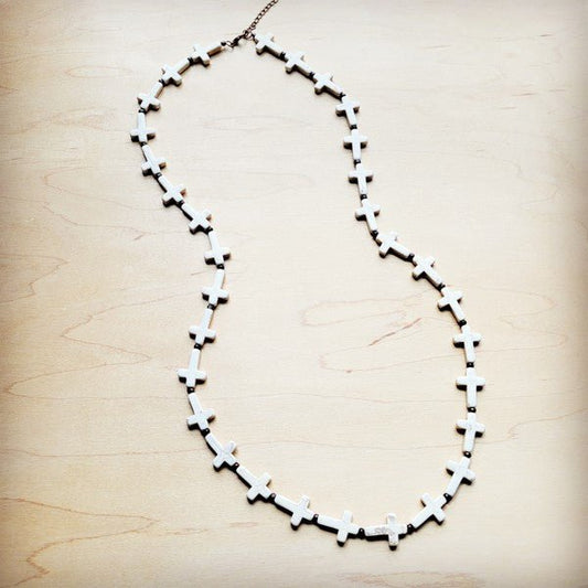 White Turquoise & Wood Beaded Cross Necklace - S. M. & Co.